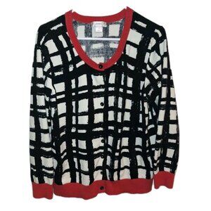 CJ Banks Black and White Plaid Cardigan with Red Trim